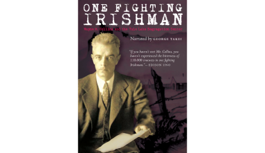 A sepia-colored Wayne M. Collins against a purple background depicting Tule Lake Segregation Center, the title "One Fighting Irishman: Wayne M. Collins and the Tule Lake Segregation Center" in a white typewriter font at the top of the image.